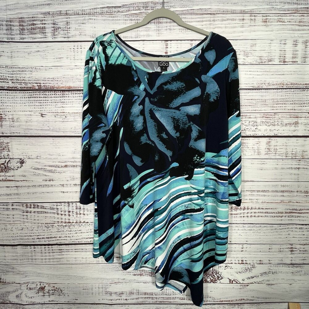 Clara Sun Woo Top Womens Size Large Floral Slinky Tunic Stretch Casual USA